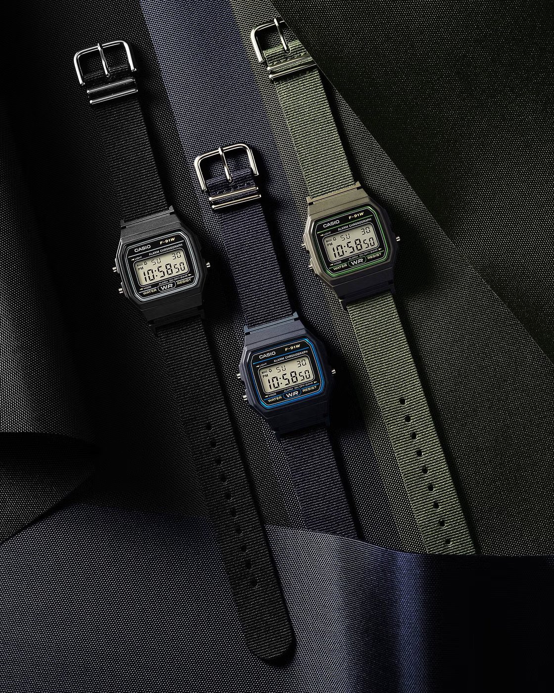 Casio F-91WF-1A: casio F-91WF в чёрном, тёмно-синем и оливковом исполнениях