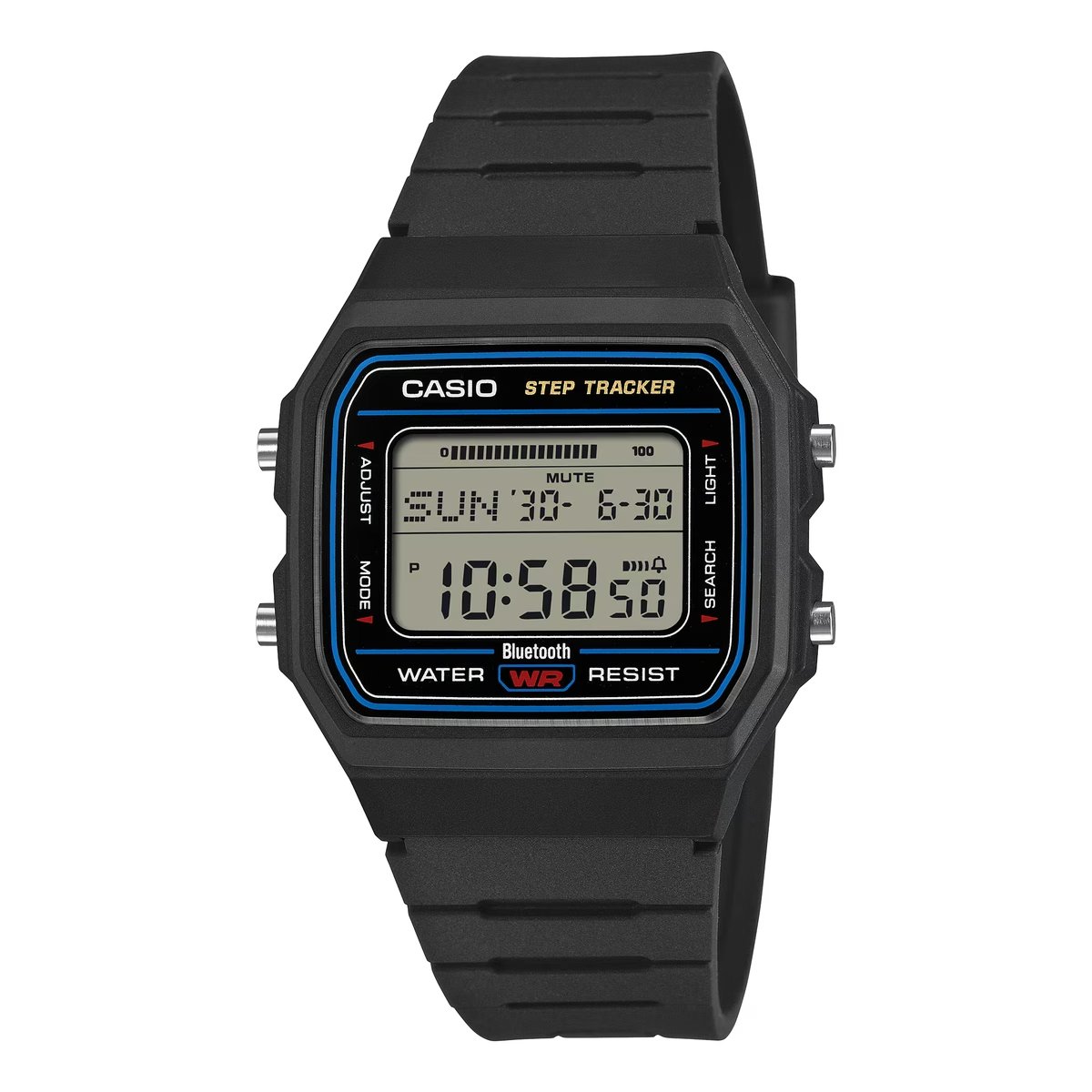 Casio F-B100W-1A: чёрный пластиковый корпус, синяя рамка и надпись Bluetooth