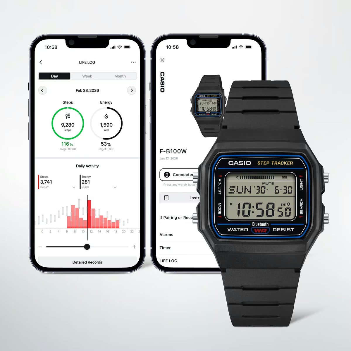 F-B100W-1A и экраны приложения CASIO WATCHES с журналом активности