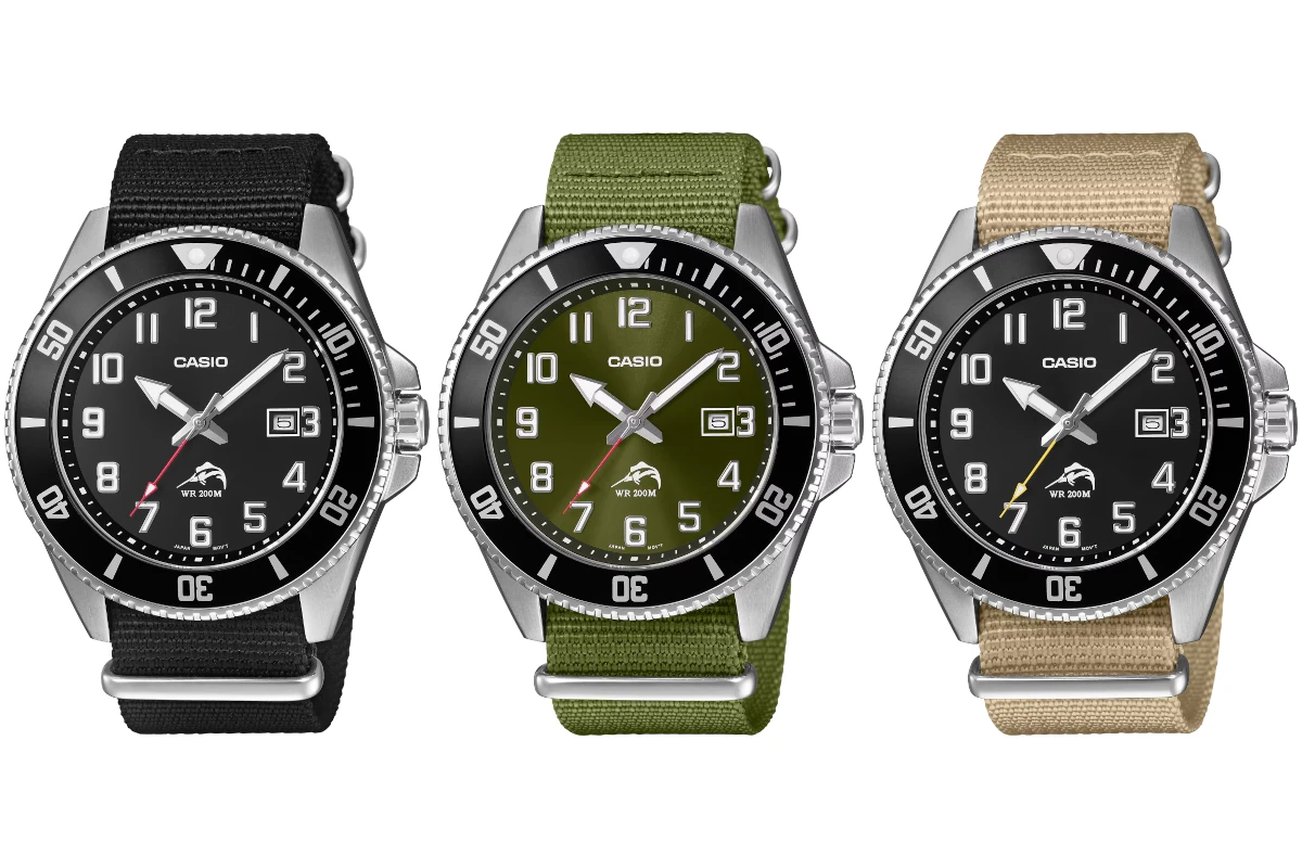 Casio MDV-106C-1AV, MDV-106C-3AV и MDV-106C-5AV на чёрном, зелёном и бежевом тканевых ремешках