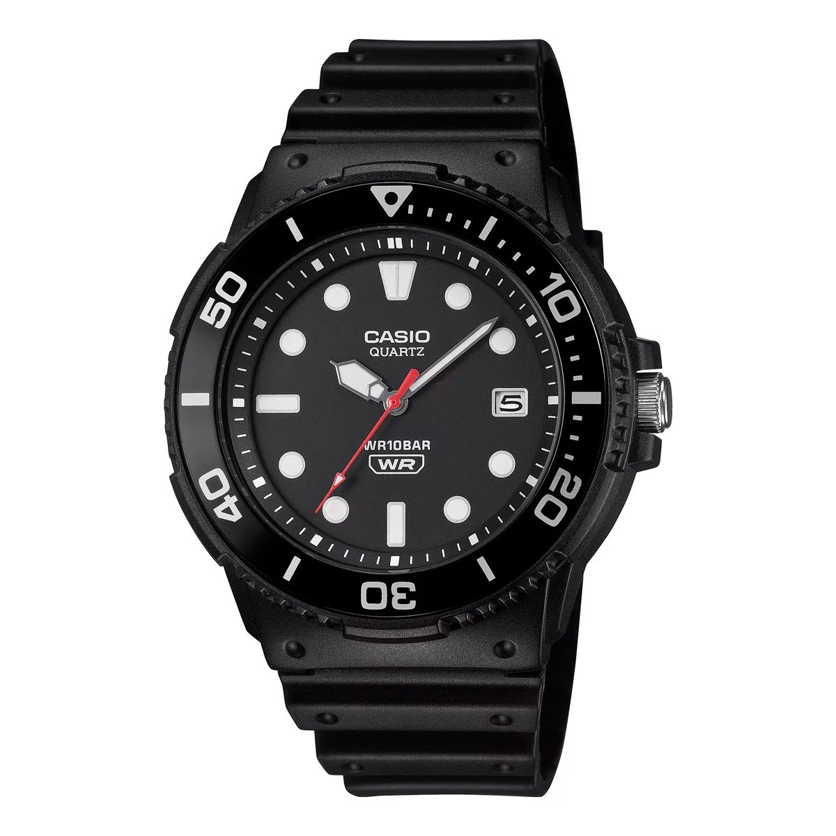 Чёрная Casio MRW-240H-1E1 с окошком даты и красной секундной стрелкой