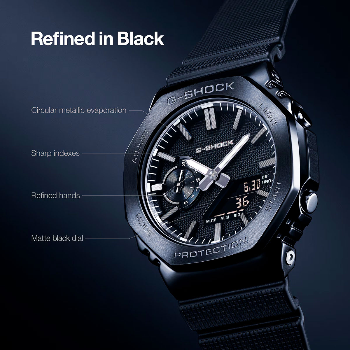 Чёрная модель Luxe Black на рекламной схеме: матовый циферблат, острые индексы и стрелки